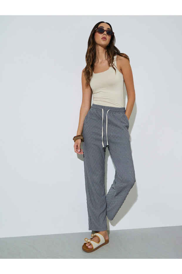 Grey Textured Wide Leg Joggers With Pockets
