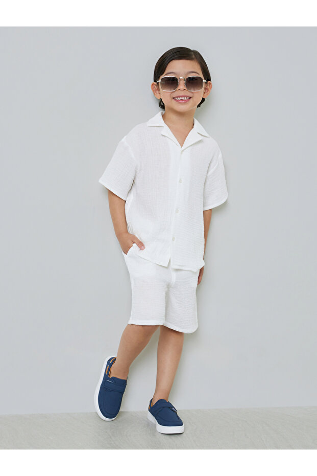 Boys White Cotton Collared Shirt And Shorts Set