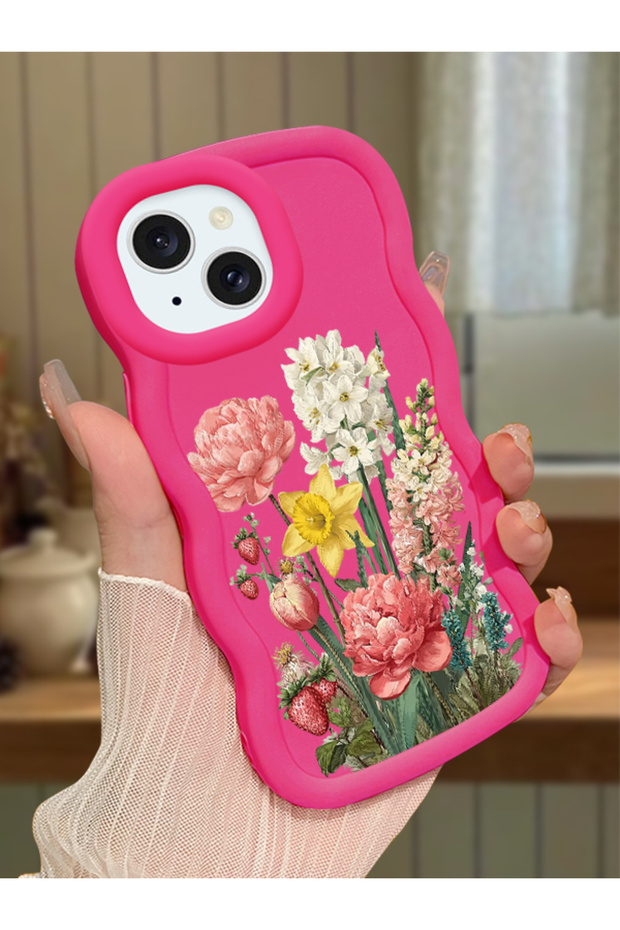 iPhone 15 Compatible Case with Camera Protection Red Silicone Couple Phone Case with Floral Pattern