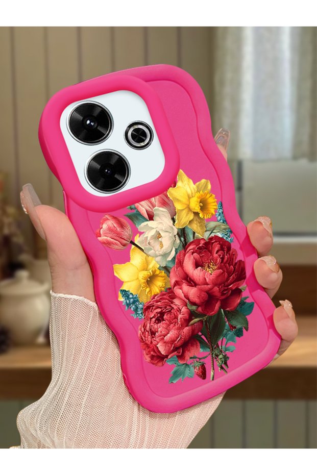 Redmi 13 Compatible Case Camera Protector Red Silicone Couple Phone Case Floral Pattern