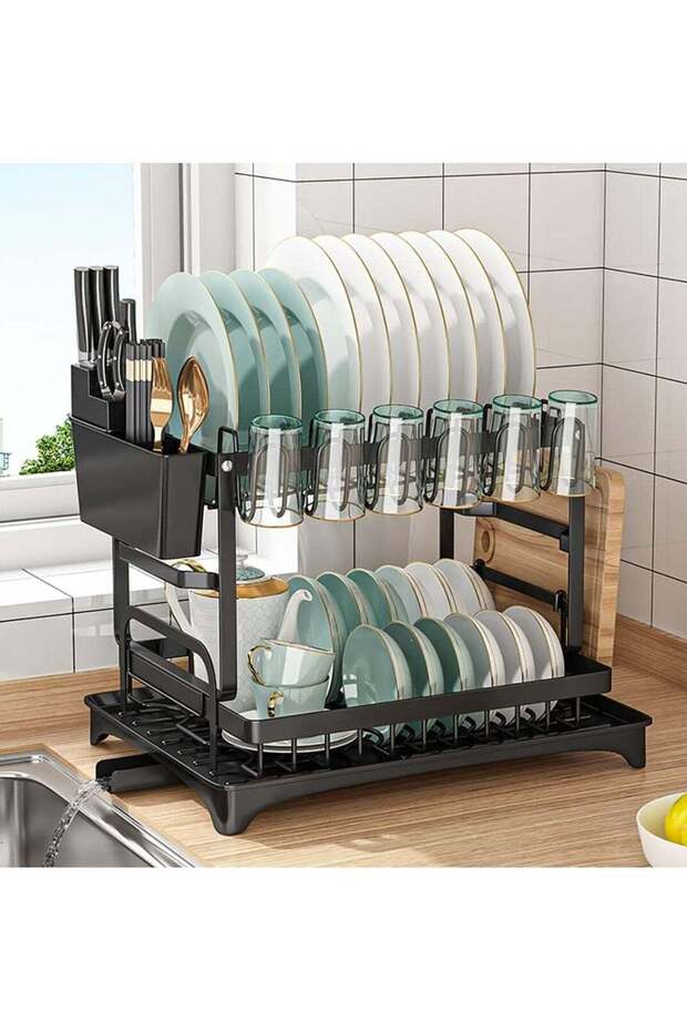Dish Drying Rack, Multifunctional Dish Rack, Rustproof Kitchen Dish Drying Rack with Drainboard, Space-Saving 2-Tier Dish Drying Rack with Utensil Holder & Cup Holder for Kitchen Counter,