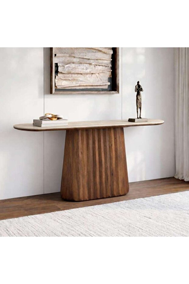 MINDA CONSOLE TABLE CERAMIC - BEIGE & WALNUT