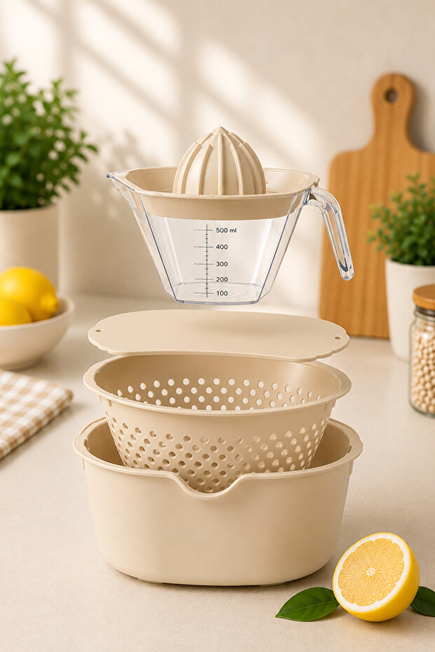 5 Piece Kitchen Set Mixing Bowl Salad Bowl Cutting Board Lemon Squeezer Measuring Cup Colander Green