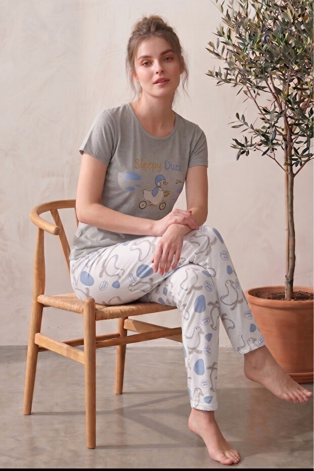 Lycra Duck Patterned Short Sleeve Summer Comfortable and Flexible Pajama Set