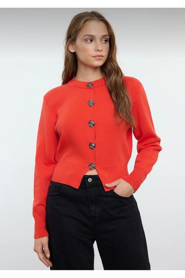 Cardigan Knitwear Light Red Corspan Crop Rose Buttoned Jacket Look