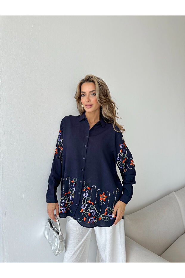 Women's Oversize Shirt with Embroidered Front and Sleeves, Beaded Work