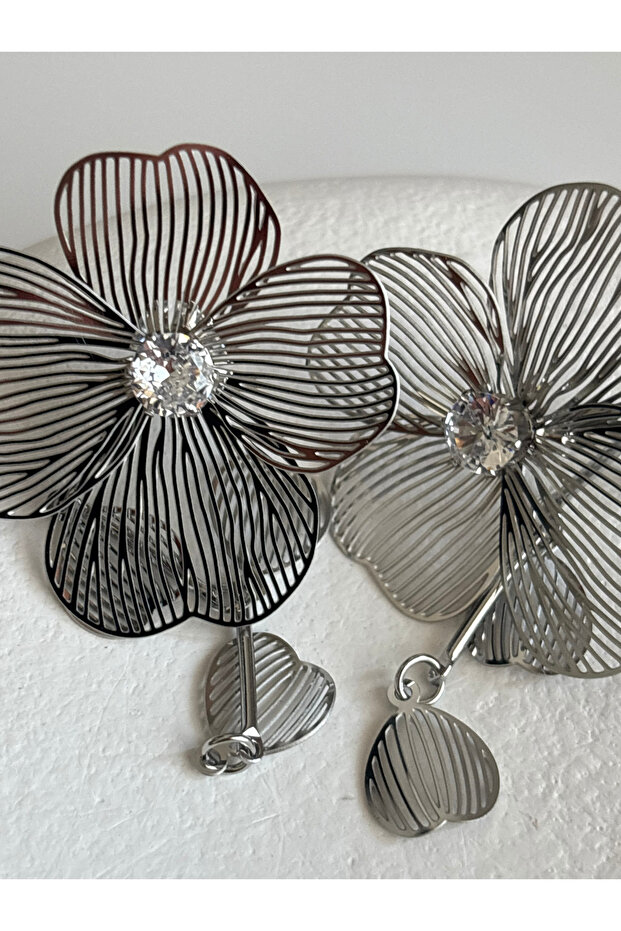 Silver Color Zircon Stone Flower Wire Earrings (8.5 cm)