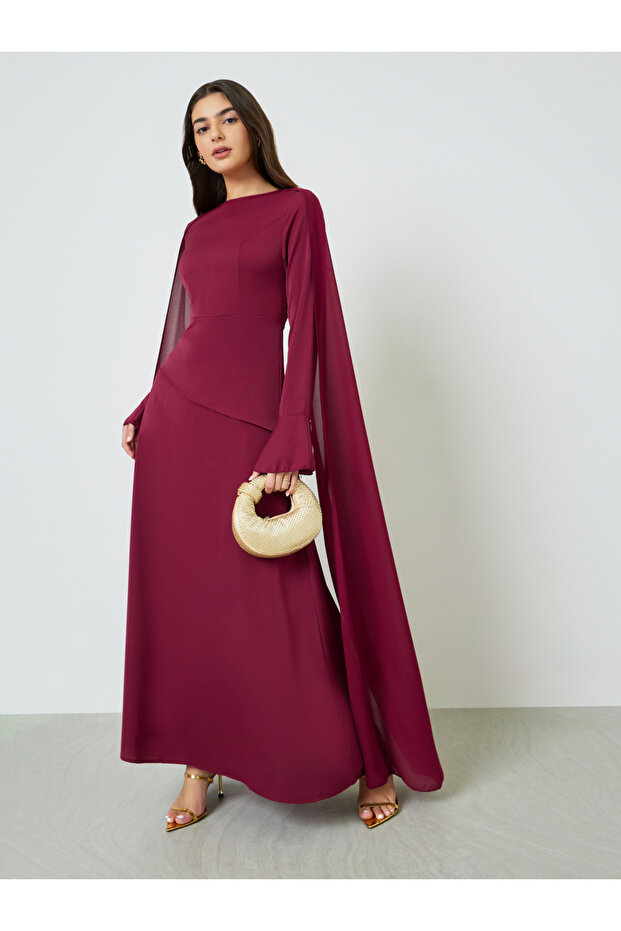 Burgundy Draped Round Neck Cape Maxi Dress