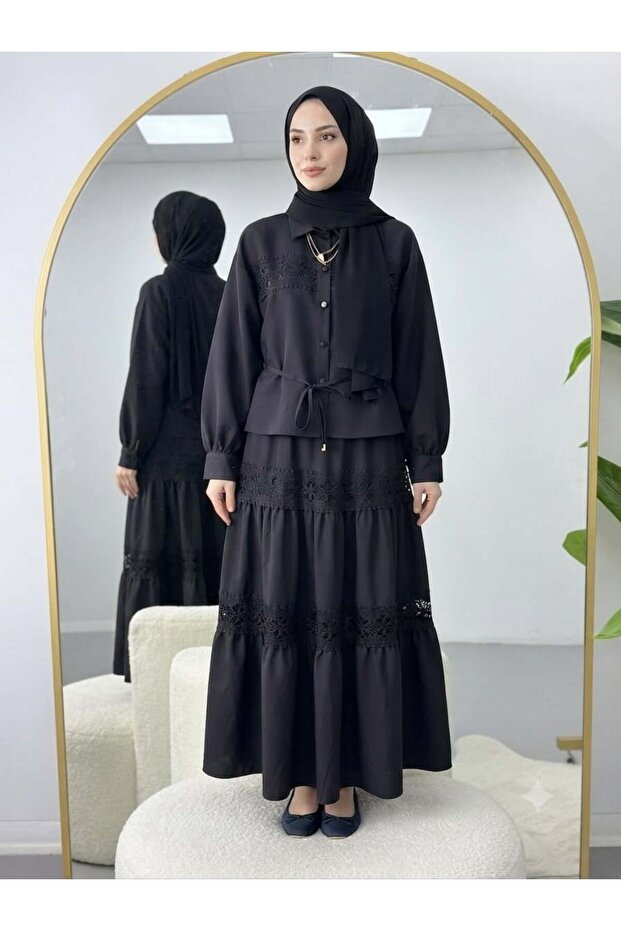 Lace Trim Shirt and Skirt Set Black