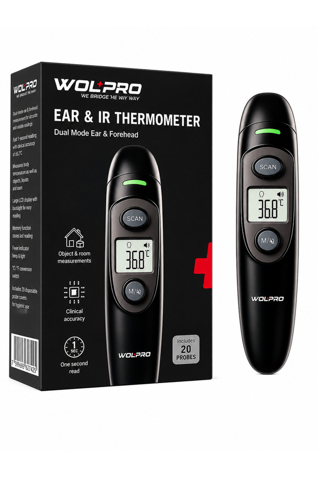 WOLPRO Dual Mode Infrared Ear & Forehead Digital Thermometer with LCD Display, Black