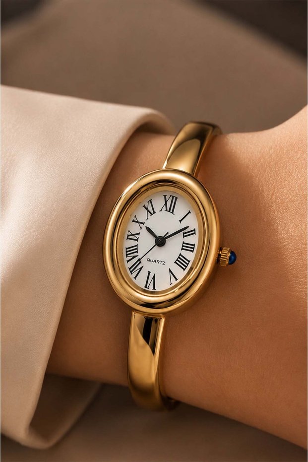 Oval Gold Women's Wristwatch – Elegant Cuff Bracelet Watch with Roman Numerals | Stylish, Minimal, Classic, Daily & Special Occasion Gift Women's Watch