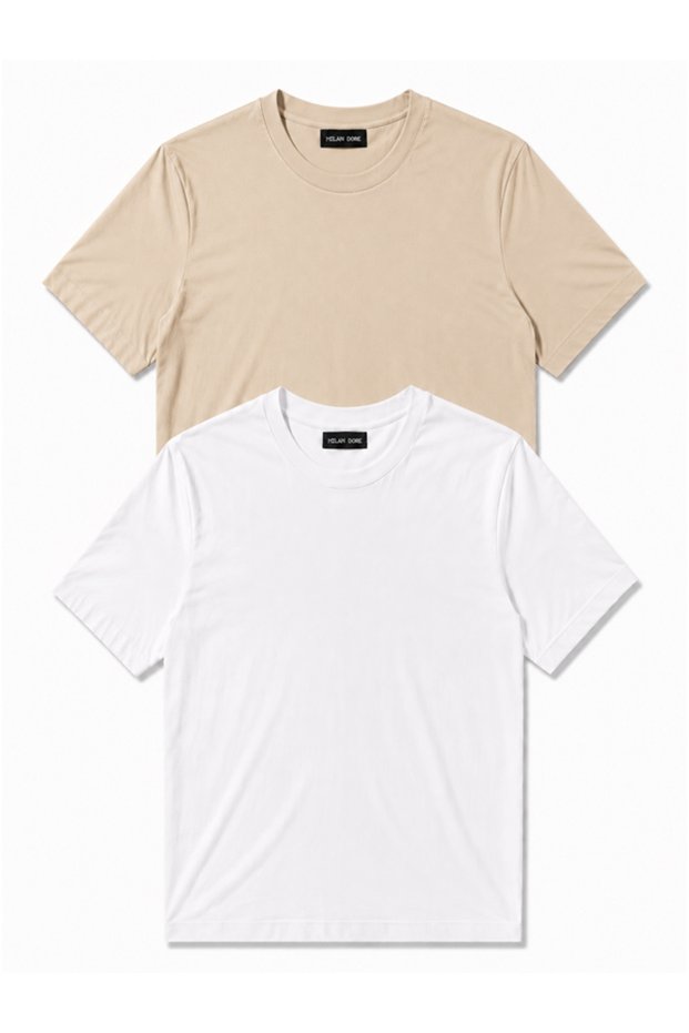 Set of 2 Men's Beige-White Cotton Slim Fit Crew Neck Basic T-Shirts