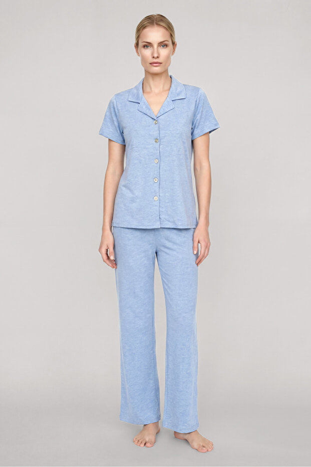 Women's Blue Classic Shirt Collar Pajama Set
