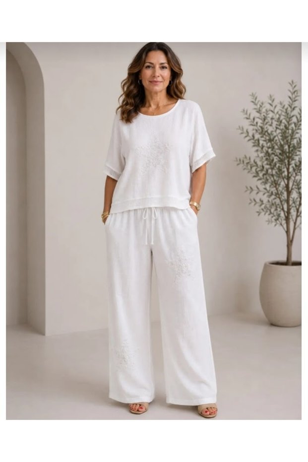 Star Embroidered Sequin Linen Suit Pants Blouse