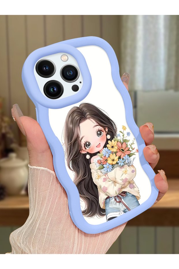 iPhone 13 Pro Compatible Case Camera Protector Blue Silicone Couple Phone Case Girl Pattern