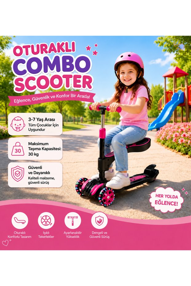 Children's Scooter with Seat, 3 Wheels, Foldable, Led Lighted, Adjustable, Blue +3 Years