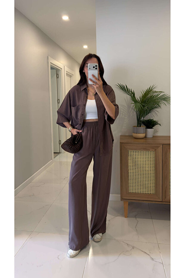 Lales Brown Shirt Pants Tencel Set
