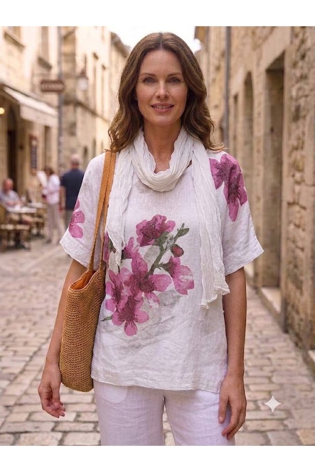 Women's Italian Daffodil Floral Patterned Sleeve and Hem Fringe Sequin Detailed Loose Blouse with Scarf
