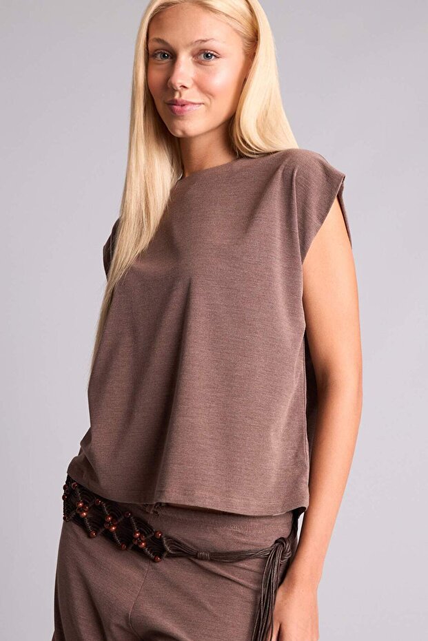 Loose Fit Crew Neck Crepe Short Sleeve Light Brown Blouse I2210Ax26Au