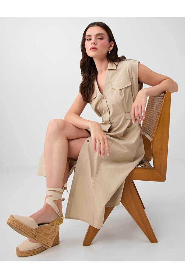 Stone Shirt Collar Pocket Midi Dress
