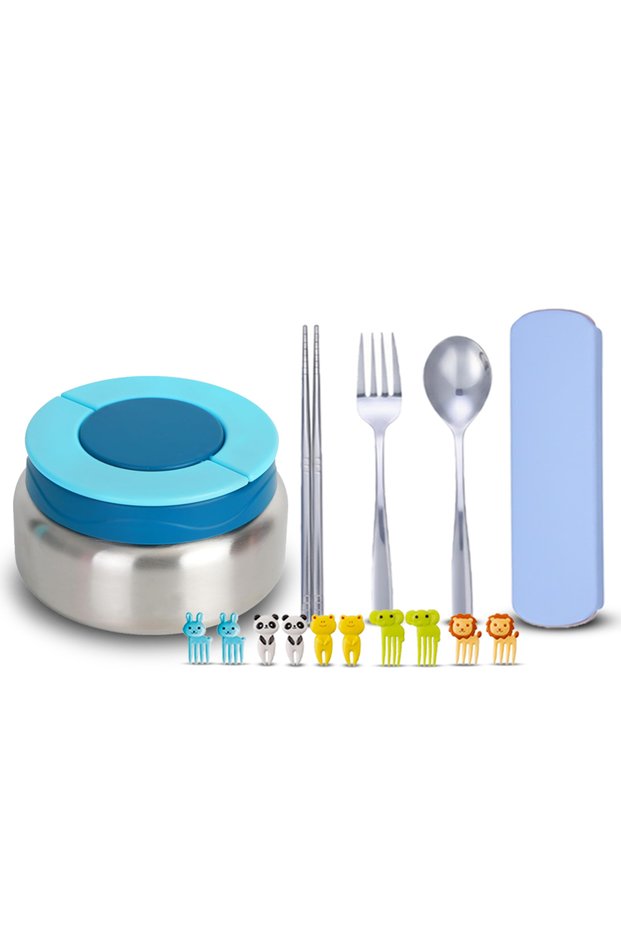 Set Of 3 Combo - Stainless Steel Snack Bowl with Blue Lid, Travel Cutlery Set & Cartoon Fruit Picks