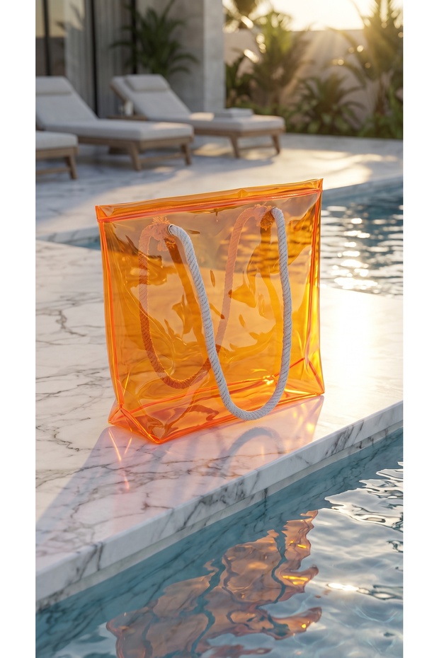 Transparent Beach Bag with Base Gusset - Pool and Sea Bag with White Rope Straps