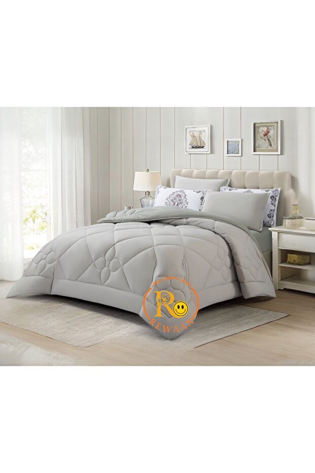 Plain double summer bedspread with geometric embroidery and decorative pillows - Light gray, single