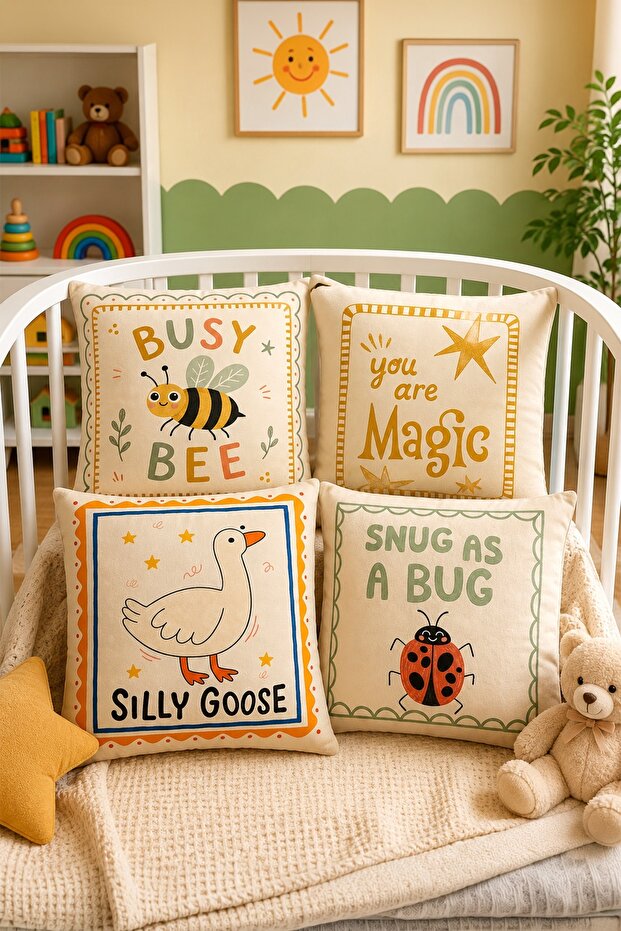 Cute Bee and Friends Patterned 4-Piece Children's and Baby Pillowcase Set