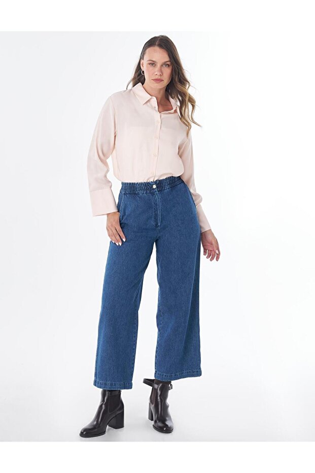 Elastic Waist Pocket Denim Trousers Blue