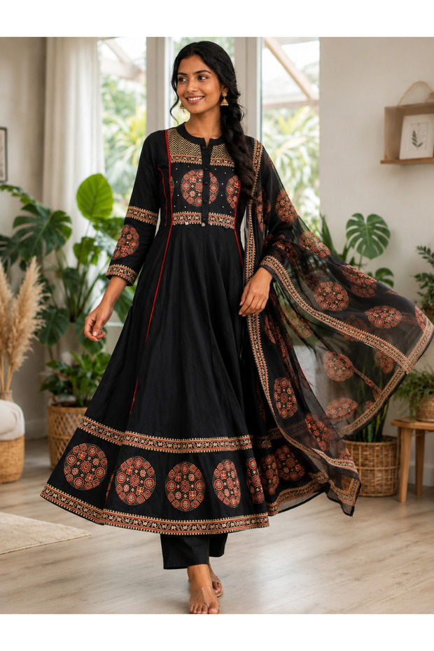Anarkali ajrak Black 3 pic full stitched dress