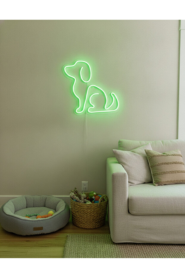 Köpek Figürlü LED Neon Duvar Tablosu | Yeşil Aydınlatmalı Modern Dekor | Çocuk Odası - 1
