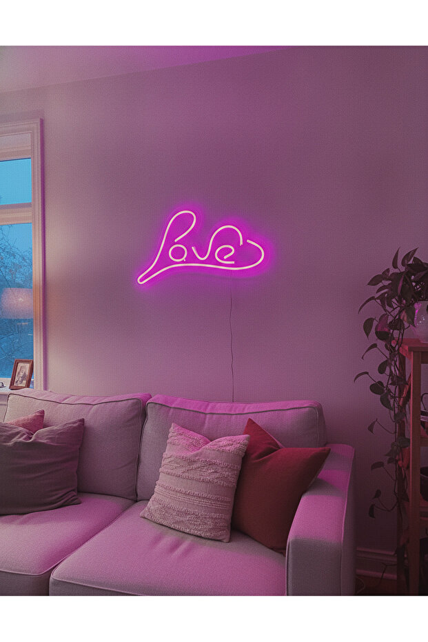 Love Yazılı LED Neon Duvar Tablosu | Mor Aydınlatmalı Modern Dekor | Yatak Odası - 2