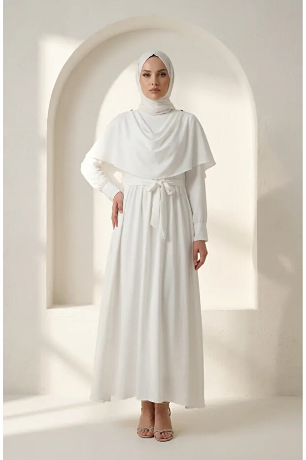 Cape Detailed Belted Hijab Dress 2291-02 White
