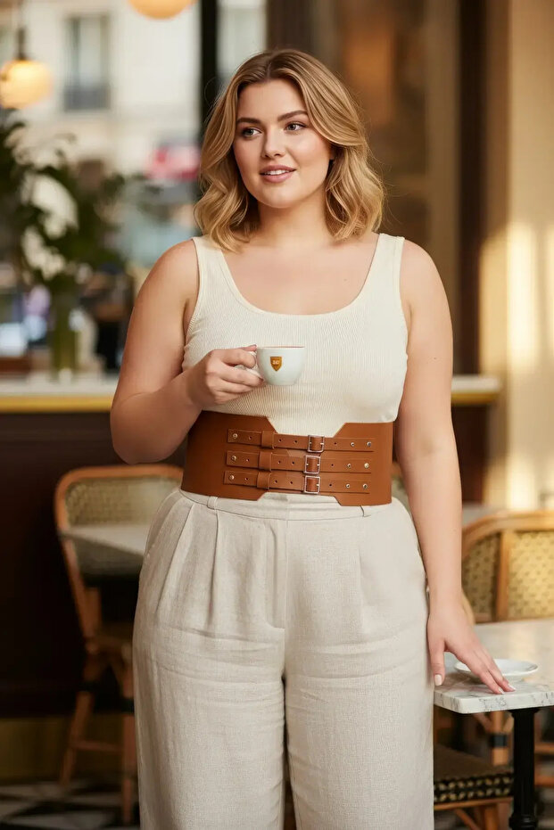 Plus Size Tan Women's Belt with Three Buckles Wide Corset Waist Highlighter
