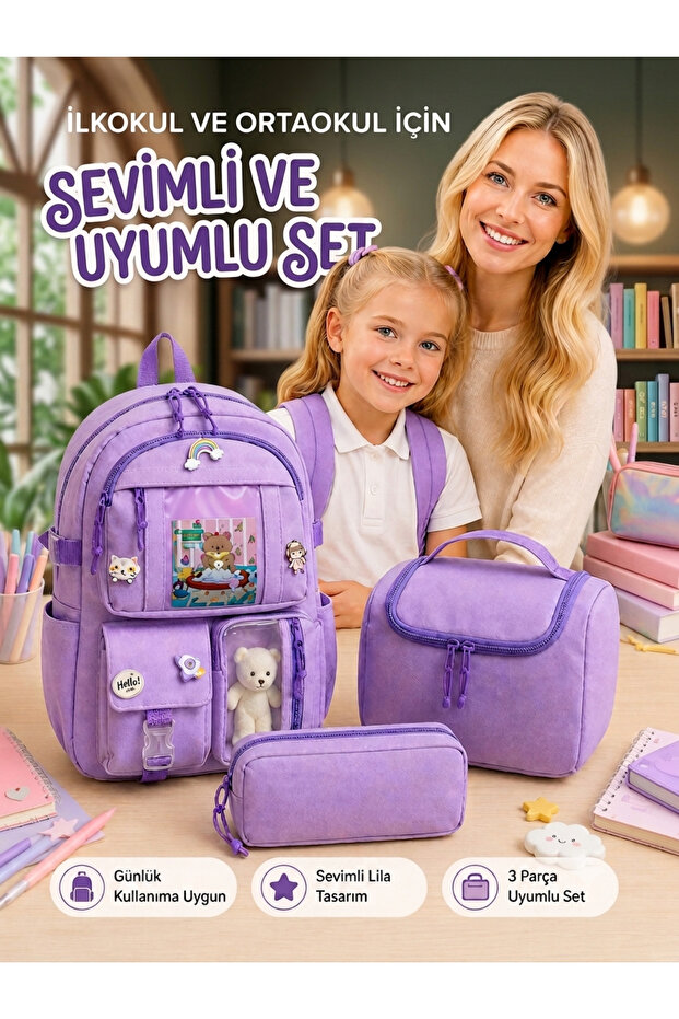 3-Piece School Bag Set for Girls, Elementary School Backpack, Lunch Bag, Pen Holder, Korean Model