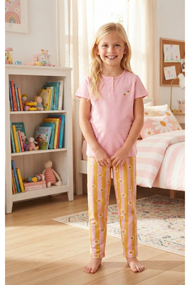 Girl's 100% Cotton Compact Combed Cotton Buttoned Crew Neck Pajama Set