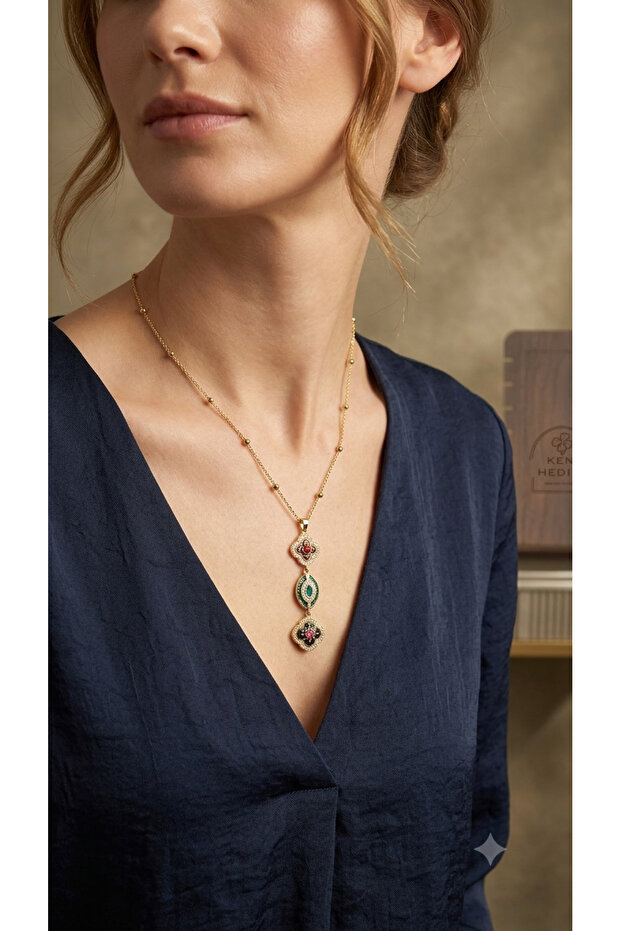 Ethnic Motif Colorful Stone Detailed Multi-Dangle Steel/Design Necklace