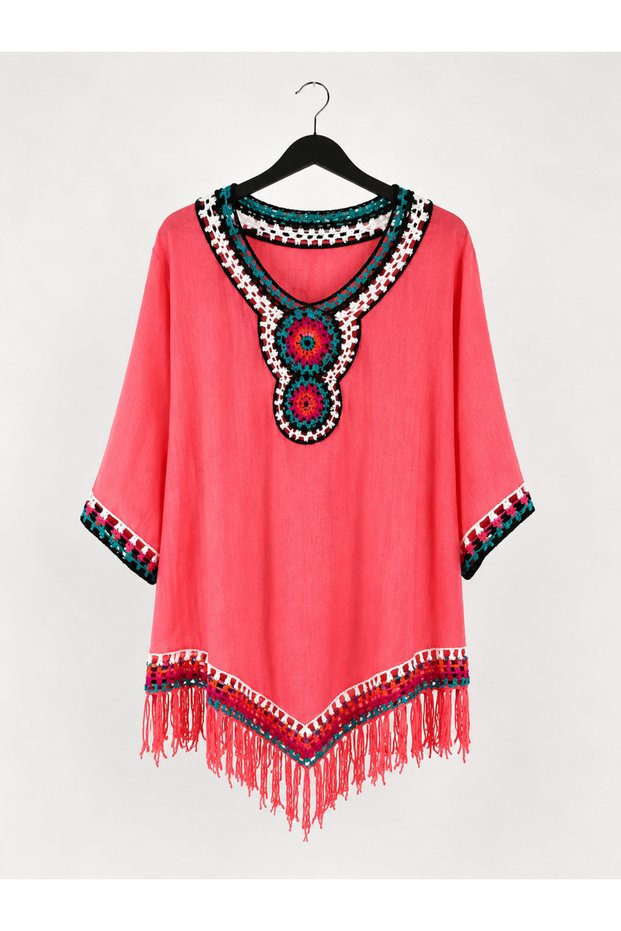 Italian Tasseled Knitted Detailed Bohemian Pareo Tunic Beach Dress Coral Pink