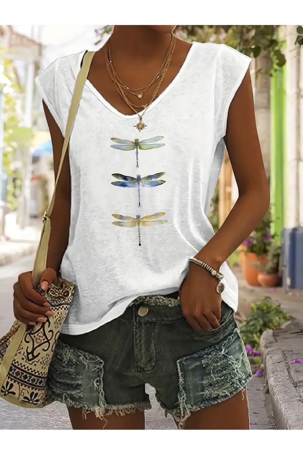 Women's Mix Printed V-Neck Sleeveless Regular Fit Comfortable T-Shirt