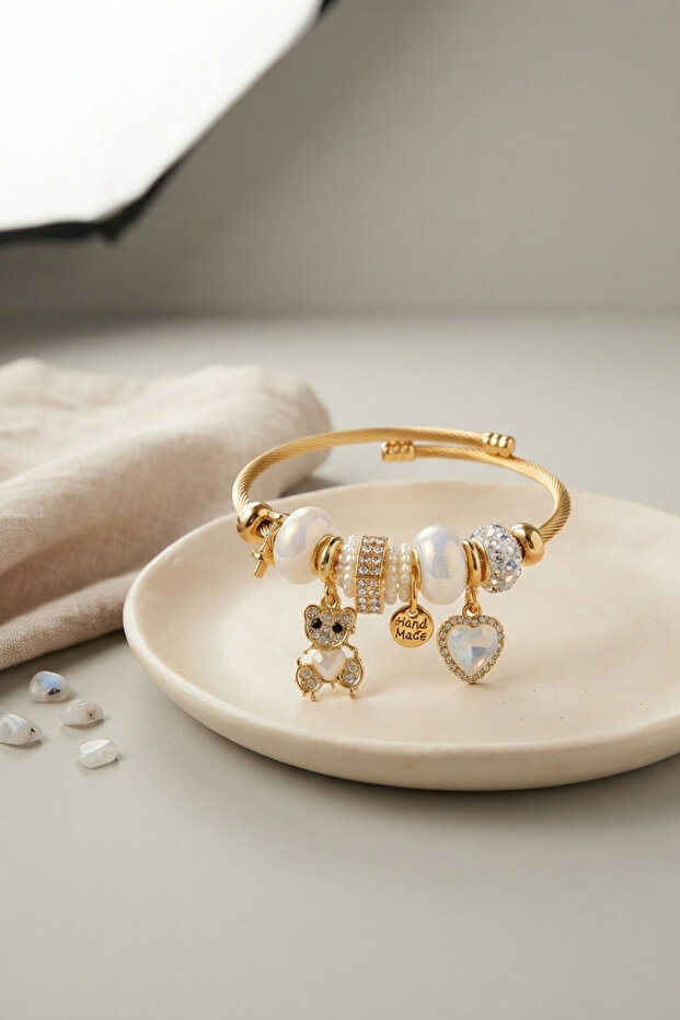 Teddy Bear Model Gold Color White Charm Bracelet