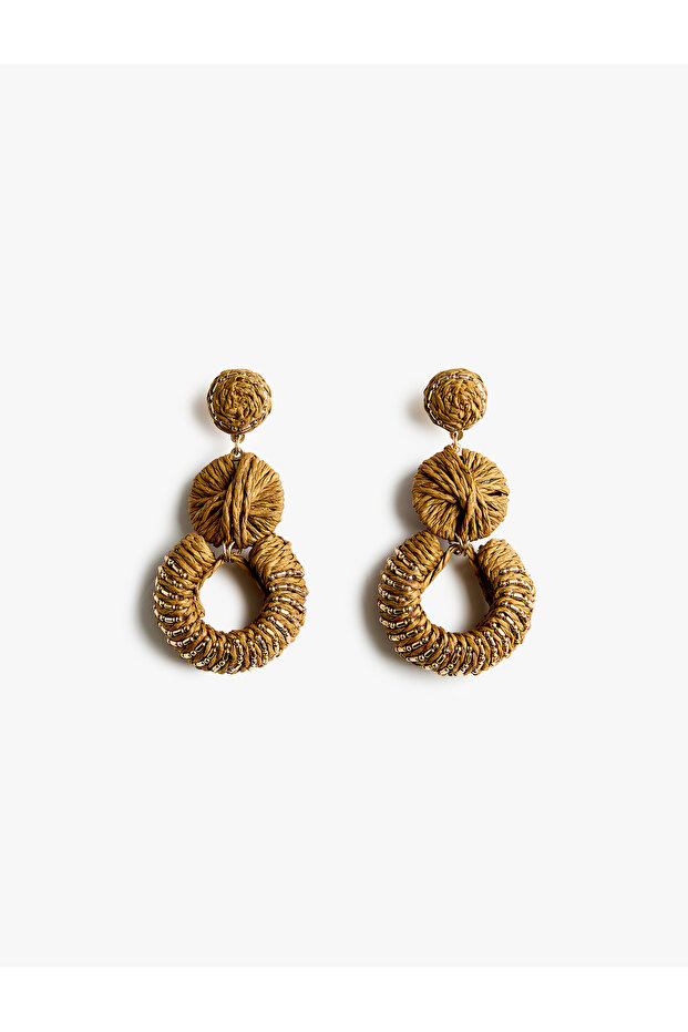 Large Size Beaded Detailed Geometric Straw Earrings with Dangle