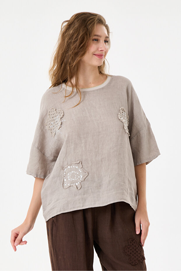 Mink Italian 100% Linen Stone Oversize Linen Blouse Size 38 - 42