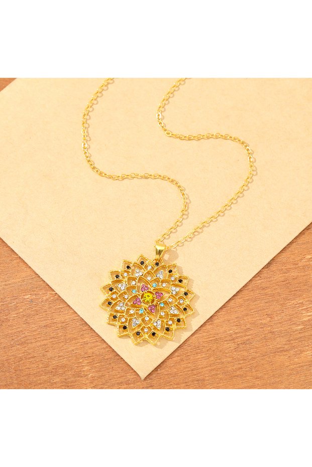 Gold-color Bohemian Style Hollow Mandala Flower Colorful Artificial Gem Accent Women Pendant Necklac