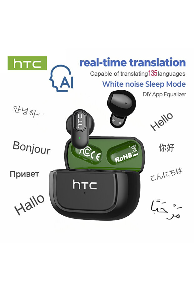 black green AI HTC NE51 TWS Wireless Earbuds Bluetooth 6.0 AI Translator ENC Noise Cancelling IPX5 W