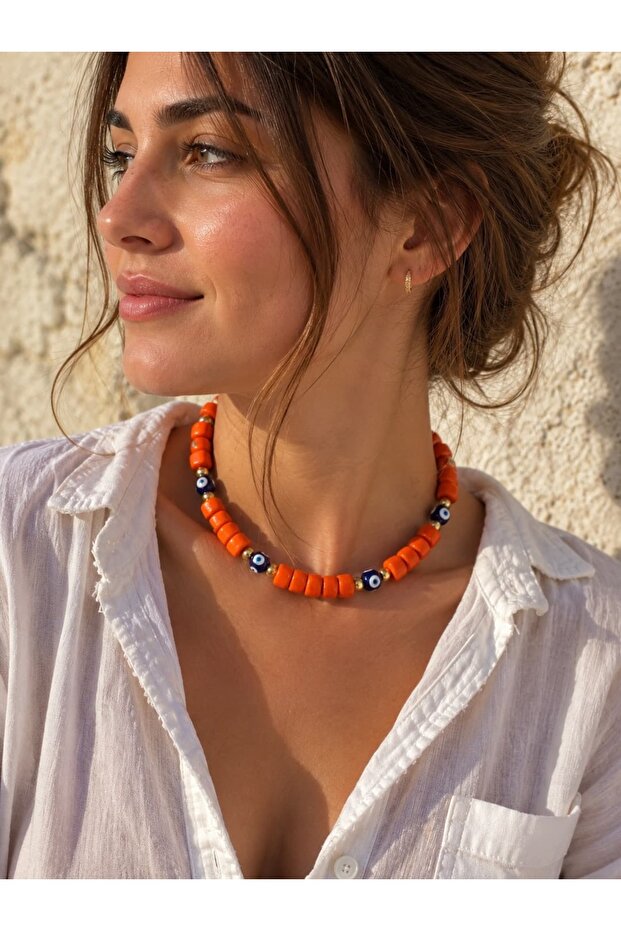 Orange Square Evil Eye Beaded Gold Detailed Necklace