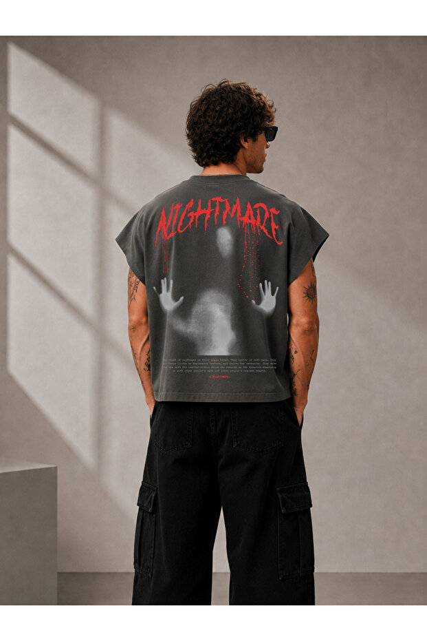 Nightmare Printed Oversize Worker Boxy Fit Sleeveless Crew Neck T-Shirt