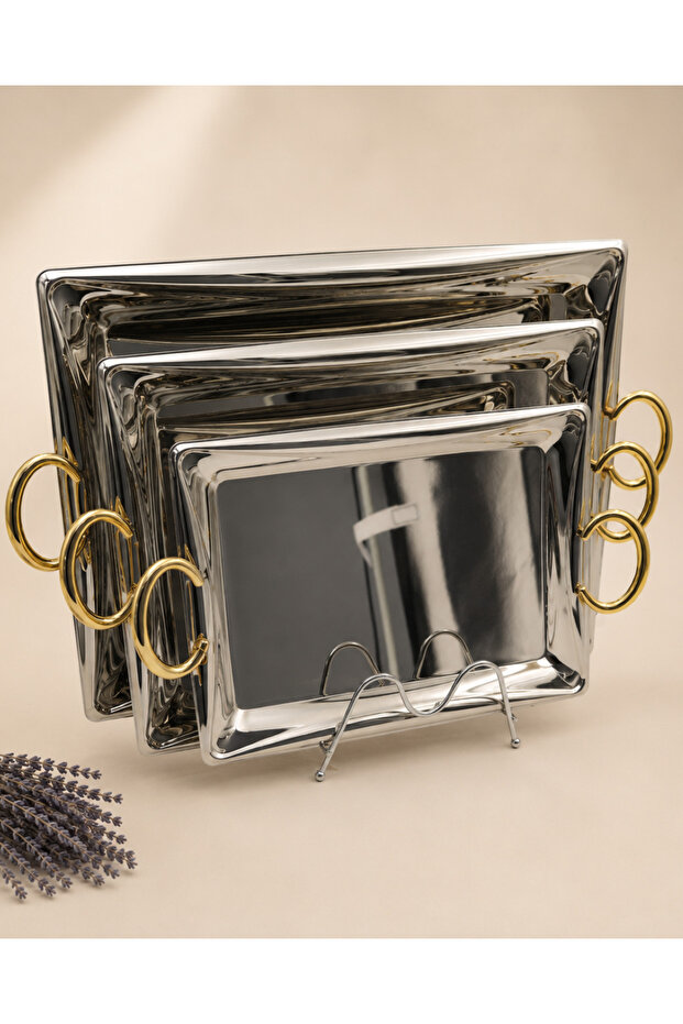 3Pcs Rectangular Serving Tray Set Silver Color with Round Gold Handles
