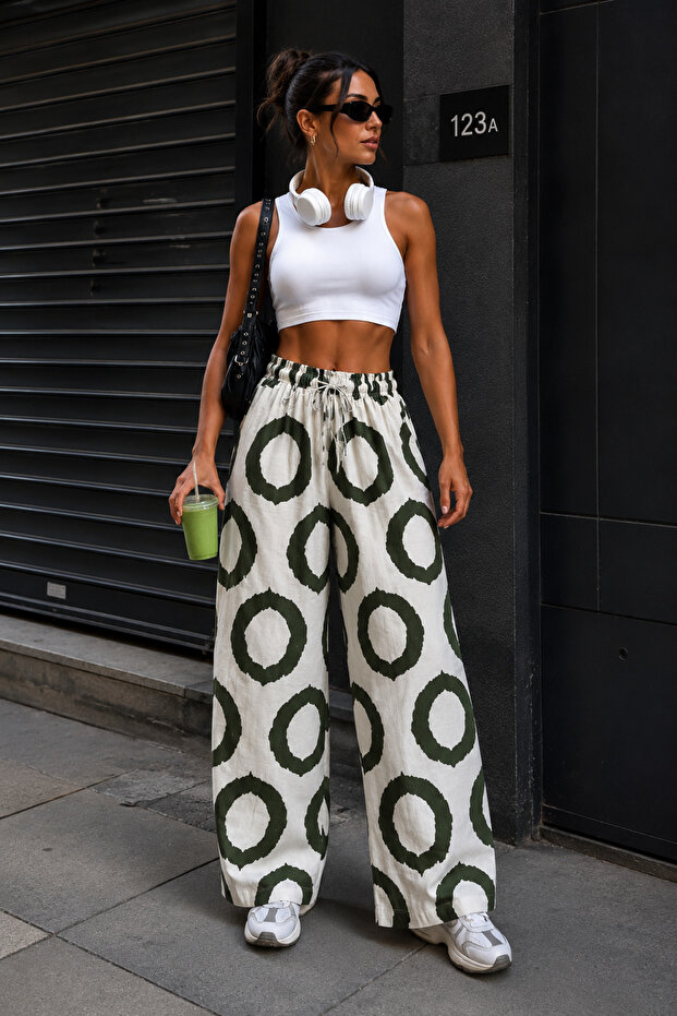 Women's New Season Elastic Waist Loose Fit Patterned Linen Trousers