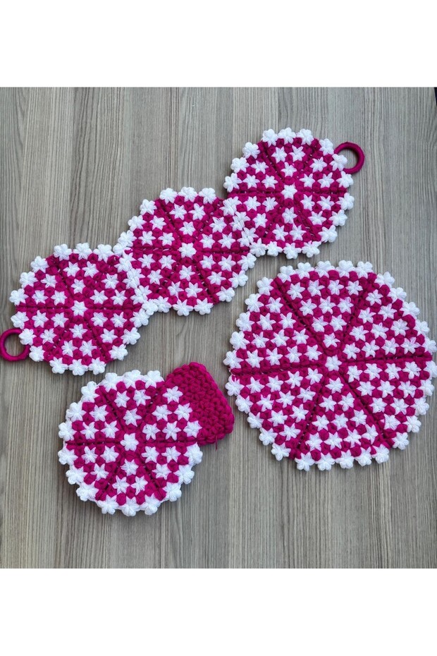 Hand Knitted Snowflake 3-Piece Dowry Bath Towel Set - Fuchsia White