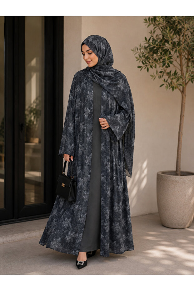 Floral printed double layer chiffon Abaya&Hijab